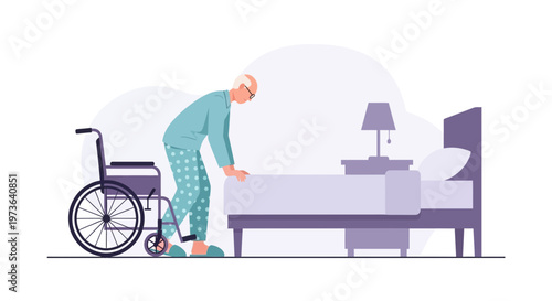 Elderly man with wheelchair getting out of bed, home care, assisted living, medical support