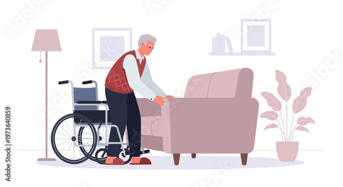 Elderly man with wheelchair near armchair, seeking support for mobility in home care setting