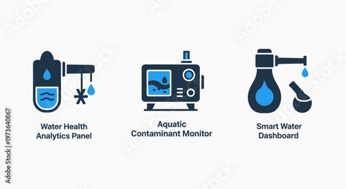Smart water quality monitoring icons including health analytics panel aquatic contaminant monitor and smart dashboard for environmental testing and water management systems