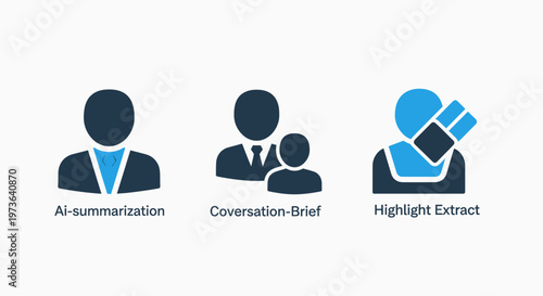 Artificial intelligence text analysis icons including AI summarization conversation brief and highlight extract for data processing
