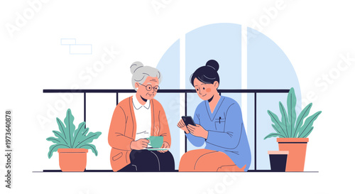 Elderly woman and caregiver enjoying coffee and smartphone on balcony