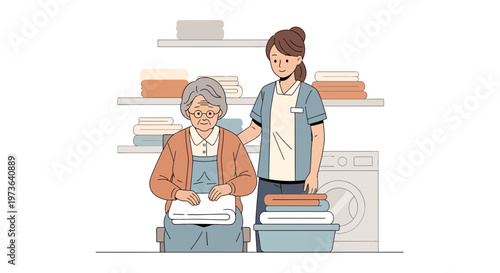 Elderly woman and caregiver folding laundry in a laundry room