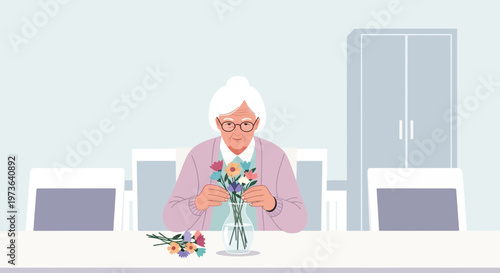 Elderly Woman Arranging Flowers in Vase at Table, Indoor Setting
