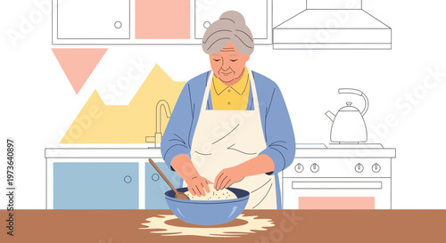 Elderly woman baking in a kitchen, mixing dough in a bowl, preparing food at home.