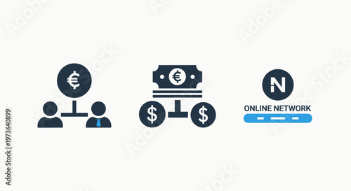 Financial and network management icon set showcasing currency exchange and online community symbols for global business and banking applications with euro and dollar motifs