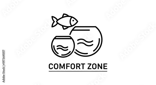 comfort zone icon illustrating a fish leaving its small fishbowl for a larger one symbolizing personal growth challenge and ambition for new beginnings.