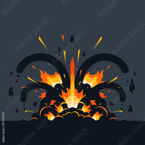 explosion fiery blast illustrates a powerful oil spill and industrial accident with dark plumes and orange flames symbolizing an energy crisis.