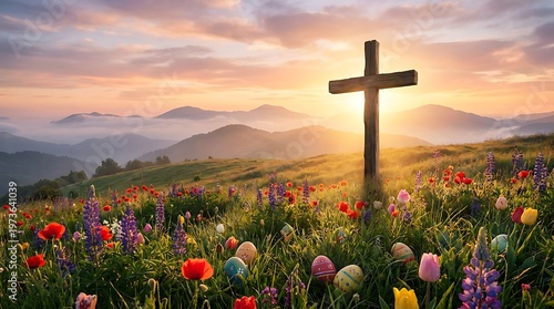 Wooden cross in colorful flower field at sunrise symbolizing faith hope and spirituality in nature landscape