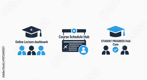 Online education learning progress and course schedule dashboard icons with e learning