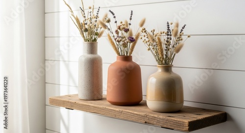 Three Vases with Dried Flowers on Rustic Wooden Shelf Against White Wall
