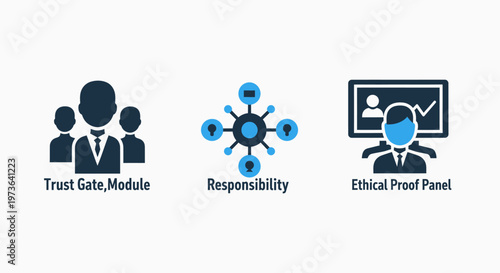 Trust gate module, responsibility, and ethical proof panel business icons