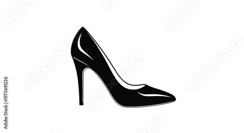 A single elegant black high-heeled shoe with a sharp stiletto profile and glossy finish displayed in a minimalist vector style against a stark white backdrop.