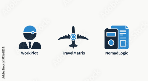 Business icons for remote work, air travel, and digital nomad logic including a businessman, airplane, and handheld device