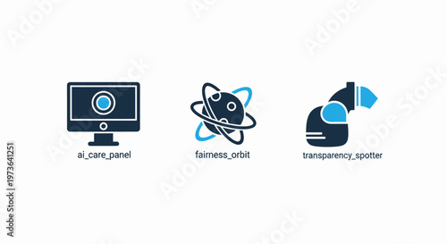 Scientific and research icons showing a global monitor panel, orbital laboratory sphere, and laboratory microscope equipment