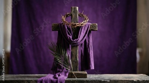 Sacred Cross of Remembrance: A solemn wooden cross draped in a rich, purple cloth, adorned with a crown of thorns, a palm frond, symbolizing reverence and spiritual reflection.