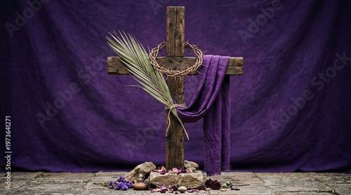 Sacred Symbolism: A weathered wooden cross stands as a poignant emblem of faith and spirituality, adorned with a wreath of thorns, a draped purple cloth, and a palm frond.