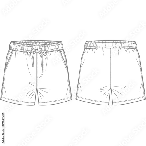Technical sketch of mens swim shorts with elastic waistband and drawstring