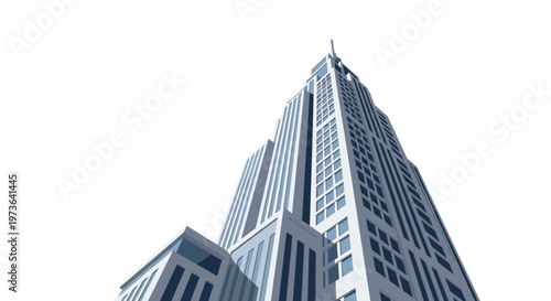 A dramatic low-angle view of a tall modern skyscraper featuring blue glass windows and a white structural frame isolated against a stark white background.