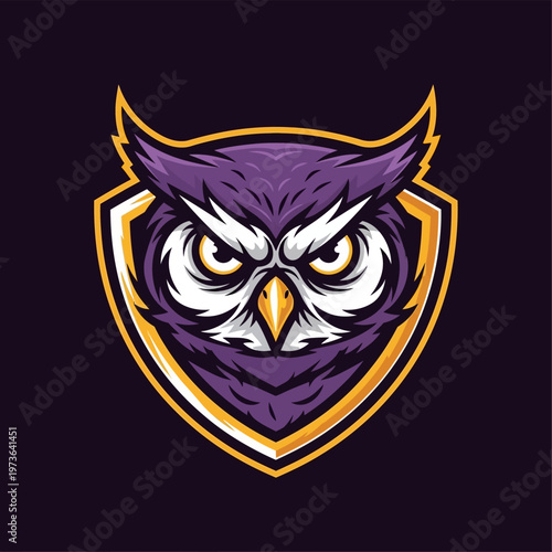 Intense Purple Owl Mascot Logo with Golden Shield Outline.