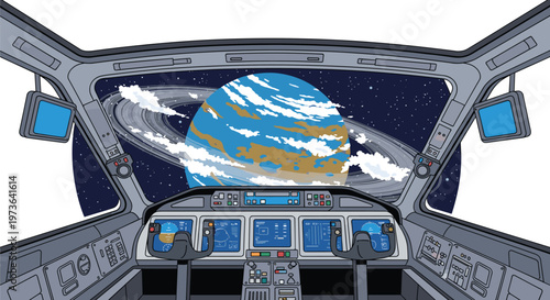 Intricate spaceship cockpit interior view featuring a large rectangular window overlooking a majestic ringed planet floating within deep dark space abyss.