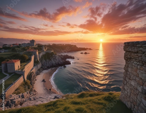 Sunset over the Atlantic Ocean from the top of Baiona's medieval fortress ,  coastal,  sky,  architecture