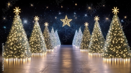 Enchanting Festive Pathway of Glowing Christmas Trees Under a Sparkling Starry Night Sky