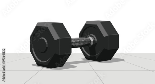 A single heavy black hexagonal dumbbell with a textured grip handle rests on a clean light gray tiled floor against a bright white background for exercise.