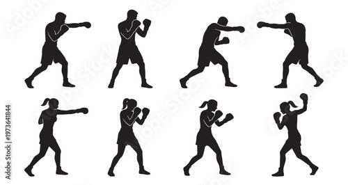 Boxing Fighters Action Silhouettes Set Pack. Editable Vector Stroke Illustration. featuring boxing, fighter, sport, silhouette, vector, graphic, athlete, punch, martial, design more silhouettes.