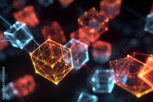 Abstract visualization of AI agents negotiating tasks, represented by rotating cubes exchanging light signals within a cybernetic network