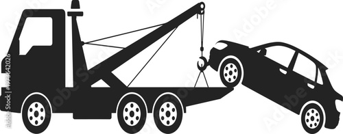 Black silhouette icon of a professional tow truck crane lifting a broken car onto a flatbed trailer for roadside assistance and emergency recovery.