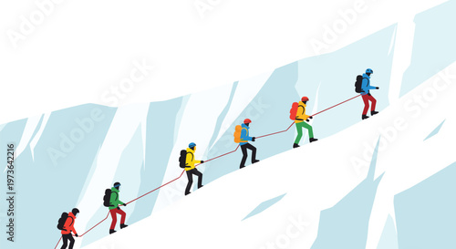 Five determined mountaineers ascend a treacherous, steep, icy mountain slope while connected together by a long, taut red safety rope in cold weather.
