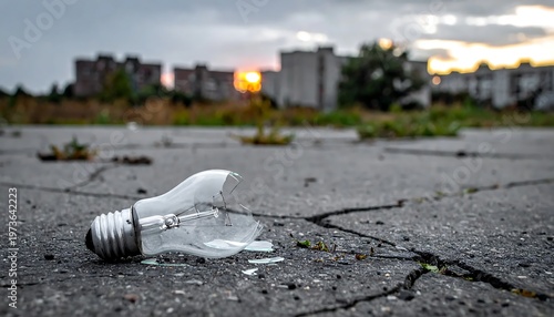 Broken light bulb on cracked ground.