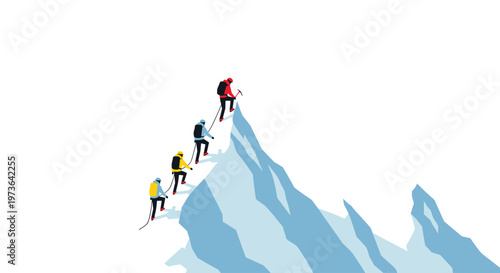 Four skilled climbers navigate a sharp, jagged, icy mountain ridge while using an ice axe for stability during a challenging ascent in freezing winter.