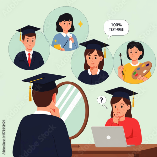 Vector flat design illustration of a thoughtful graduate contemplating future career paths and possibilities reflected