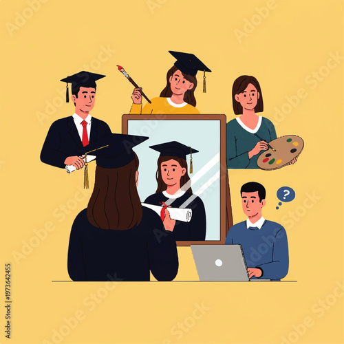 Vector flat design illustration of a graduating student reflecting on future career paths and possibilities in art