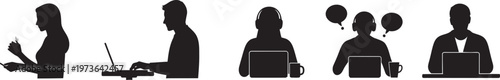 A collection of black silhouette icons depicting people working relaxing and socializing in various settings