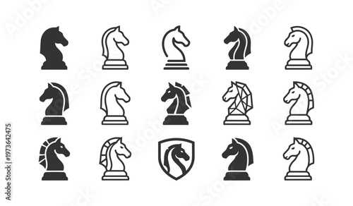 Chess knights display various styles as black and white icons symbolizing strategy and intellect for game designs