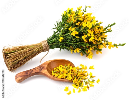 Bunch of yellow flowers and scoop.
