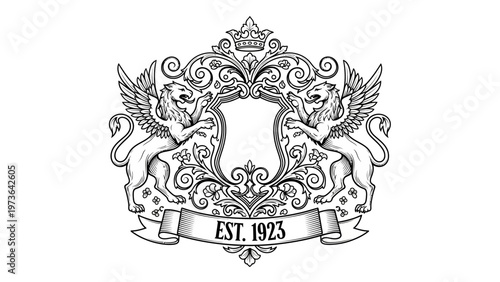 Ornate Heraldic Crest with Lions, Shield, Crown, and Banner EST. 1923