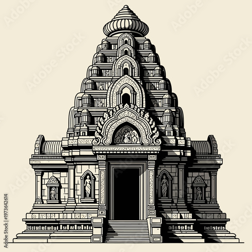 Ornate Hindu Temple Facade, Ancient Stone Architecture, Intricate Carvings, Spiritual Landmark