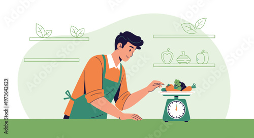 Grocer weighing fresh organic vegetables on a scale in a market stall, healthy food concept