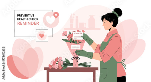 Florist Attaching Health Reminder Card to Beautiful Flower Bouquet