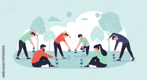 Group of people doing yoga or stretching outdoors in a park with water bottles