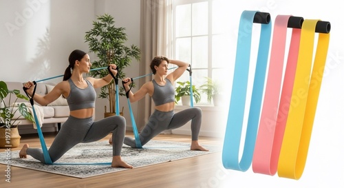 Two Women Exercising with Resistance Bands in Bright Room, Colorful Bands Isolated