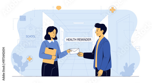 Healthcare professional gives health reminder letter to patient in hospital corridor