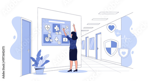 Healthcare professional planning with medical icons on a wall board in a modern clinic hallway.