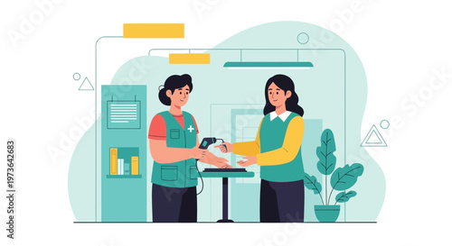 Healthcare worker assisting patient with contactless payment at pharmacy counter