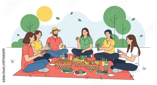 Friends Enjoying a Sunny Picnic Gathering in a Park with Healthy Food and Drinks