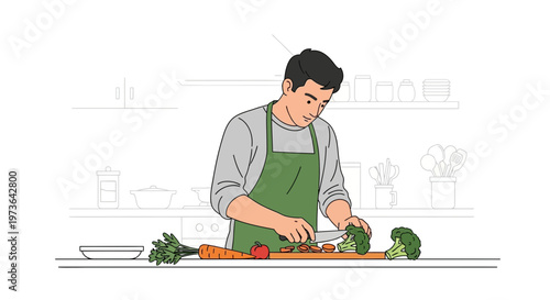 Man chopping fresh broccoli and carrots on a cutting board in a kitchen