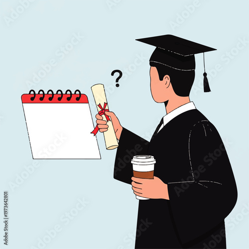 Vector flat design illustration of a confused graduate holding a diploma and coffee near a calendar, questioning future